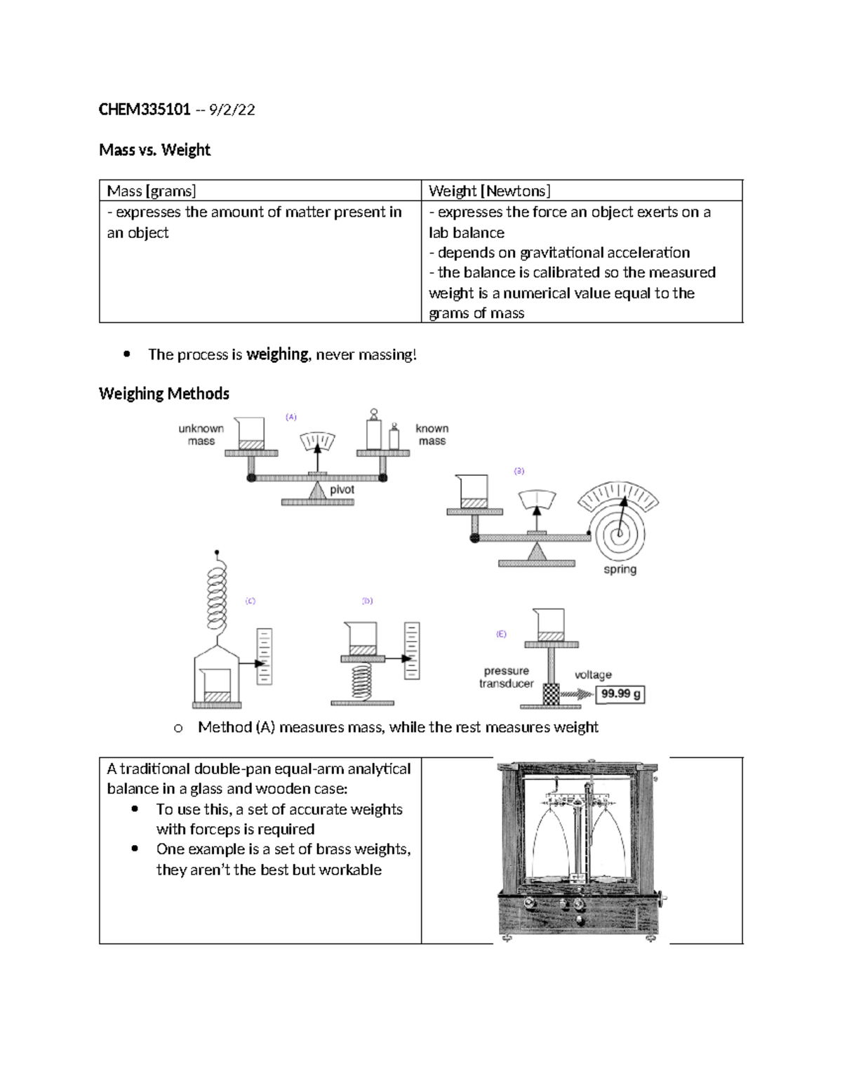 9 - Lecture 3 - CHEM335101 - 9/2/ Mass vs. Weight Mass [grams] Weight ...