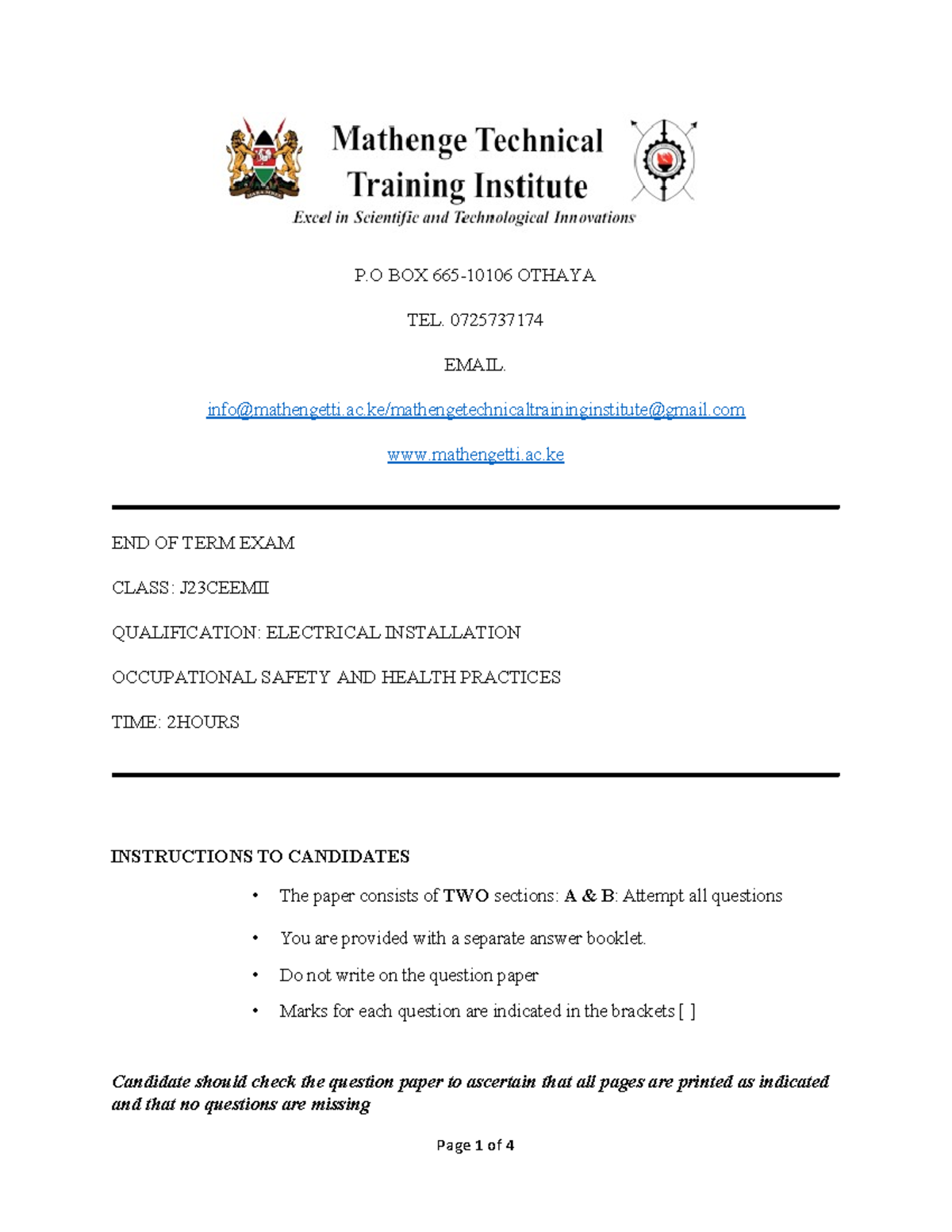 OSHA 2 - Lec notes - P BOX 665-10106 OTHAYA TEL. 0725737174 EMAIL ...