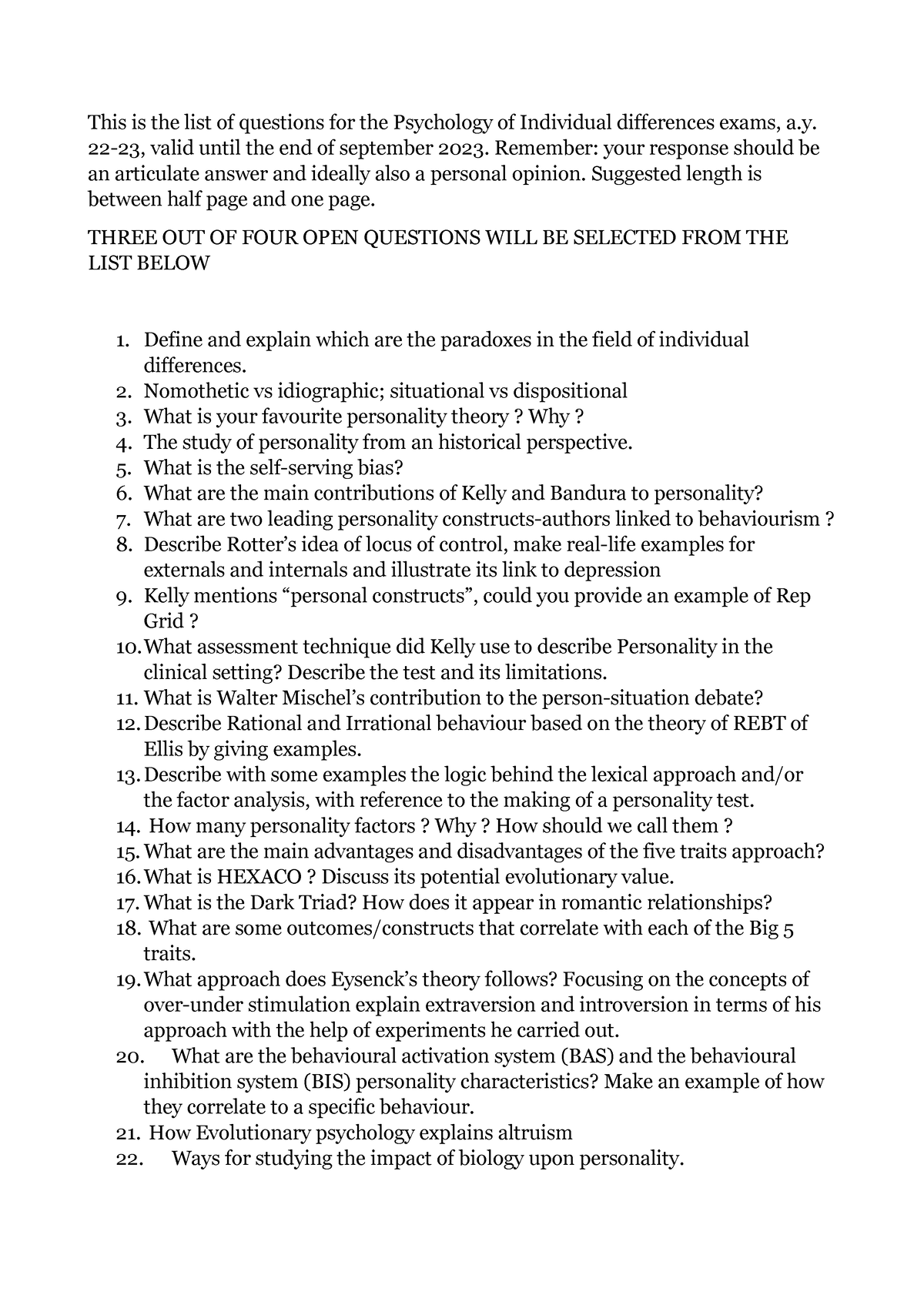 Draft Exam Questions Psychology Of Individual Differences This Is The List Of Questions