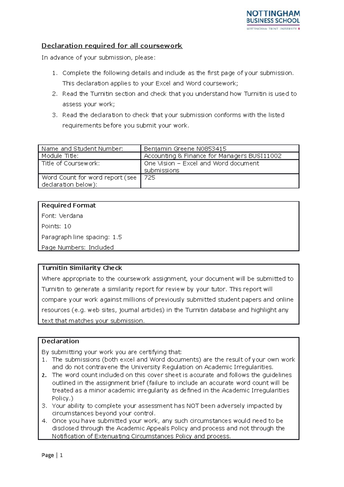 One Vision Report Finished - Declaration required for all coursework In ...