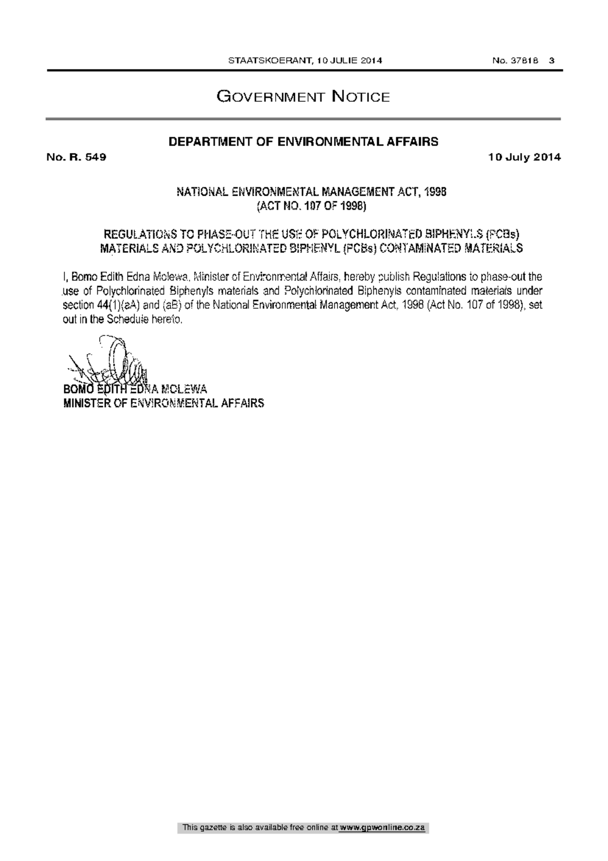 RSK 5 PCB regulations NATIONAL ENVIRONMENTAL MANAGEMENT ACT, 1998