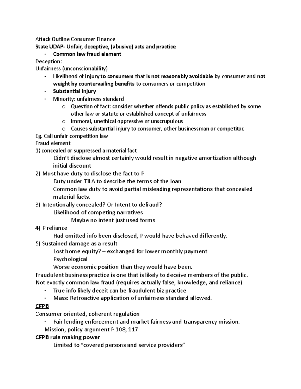 Attack Outline Consumer Finance - Eg. Cali unfair competition law Fraud ...