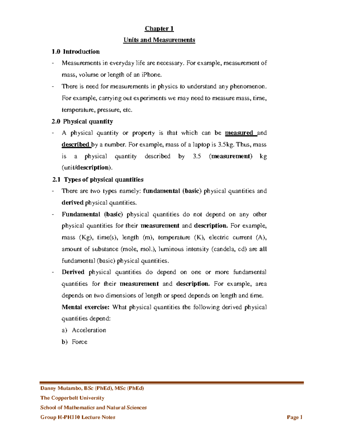 Chapter 1 Units and Measurements Lecture notes - Danny Mutambo, BSc ...
