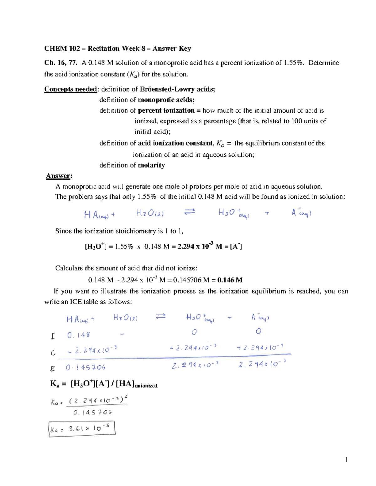 CHEM 102 Recitation Week 8 Answer Key - CHEM 102 – Recitation Week 8 ...