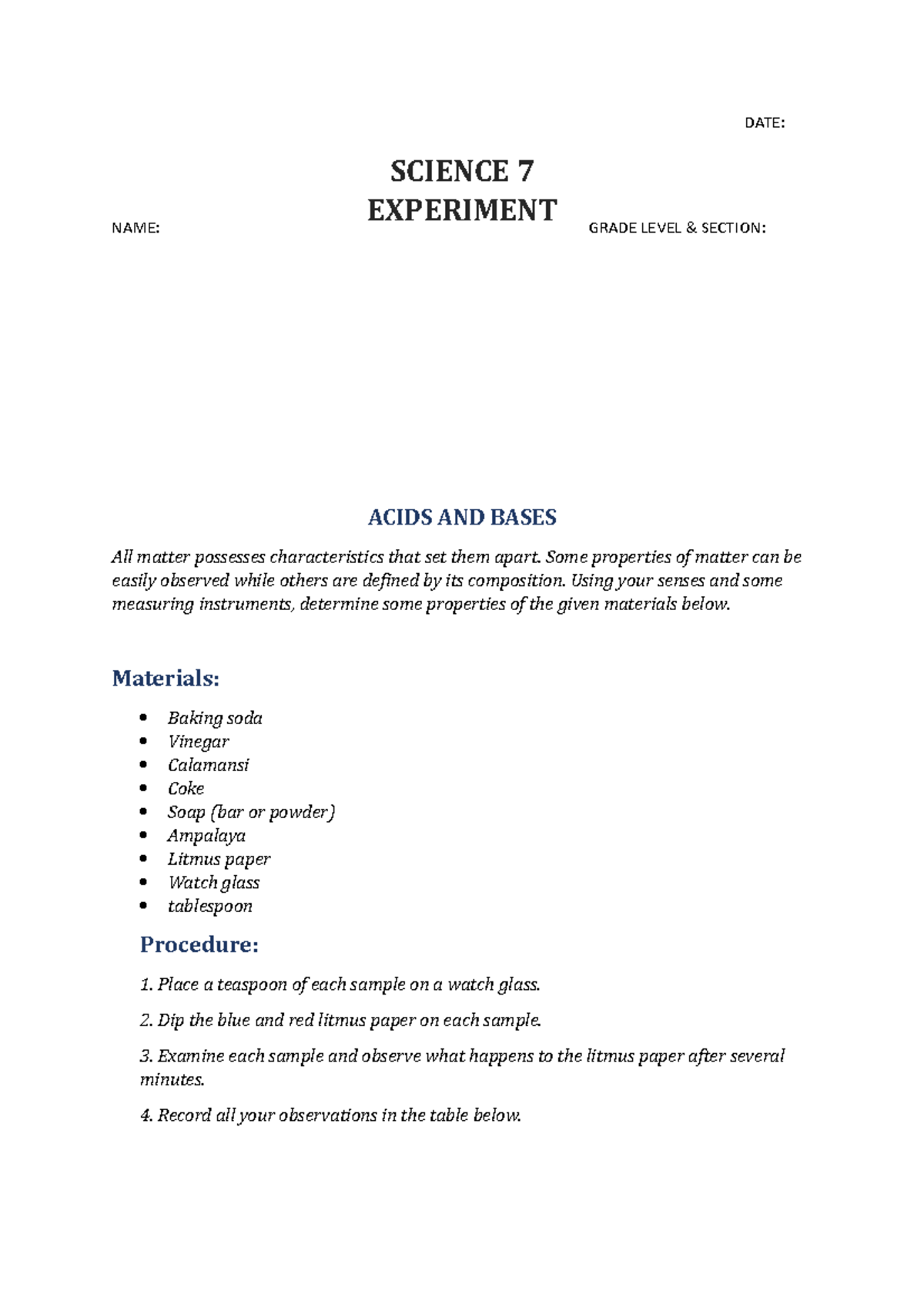 Science 7 Experiment 1 ACID AND Bases DATE NAME GRADE LEVEL