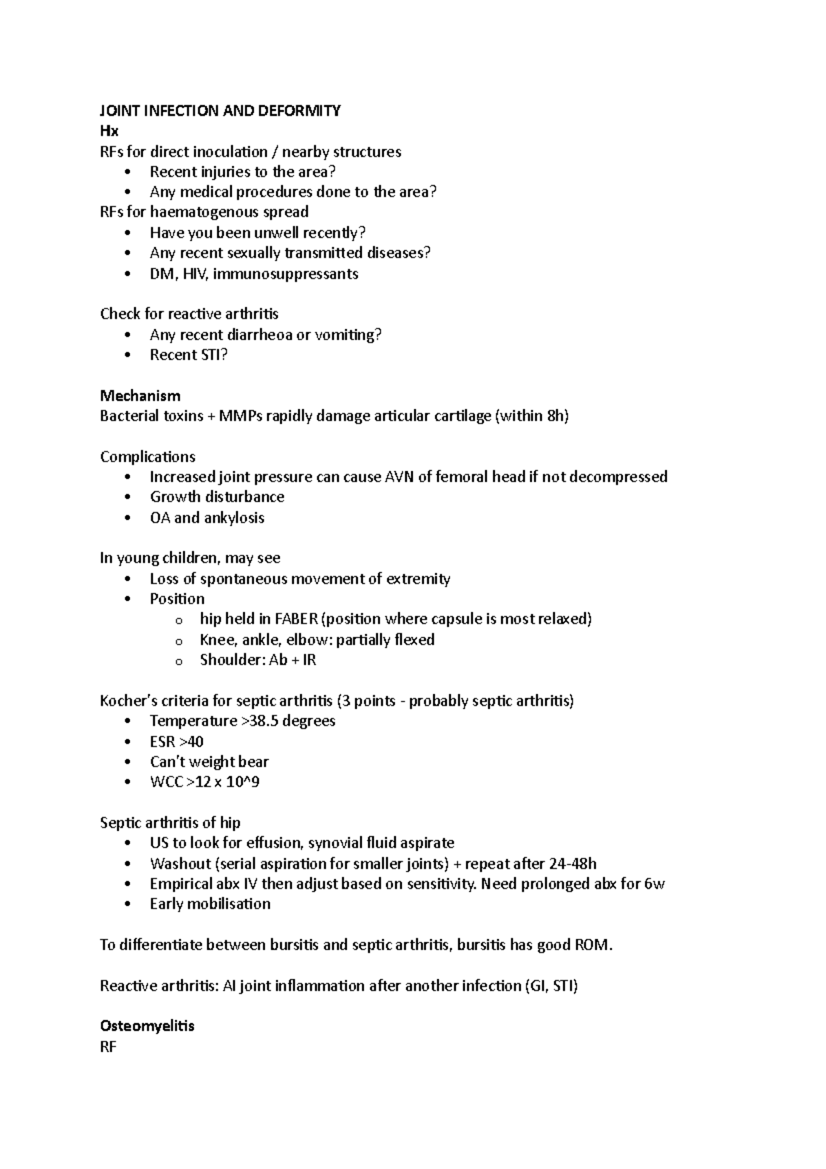 Joint Infection AND Deformity - JOINT INFECTION AND DEFORMITY Hx RFs ...