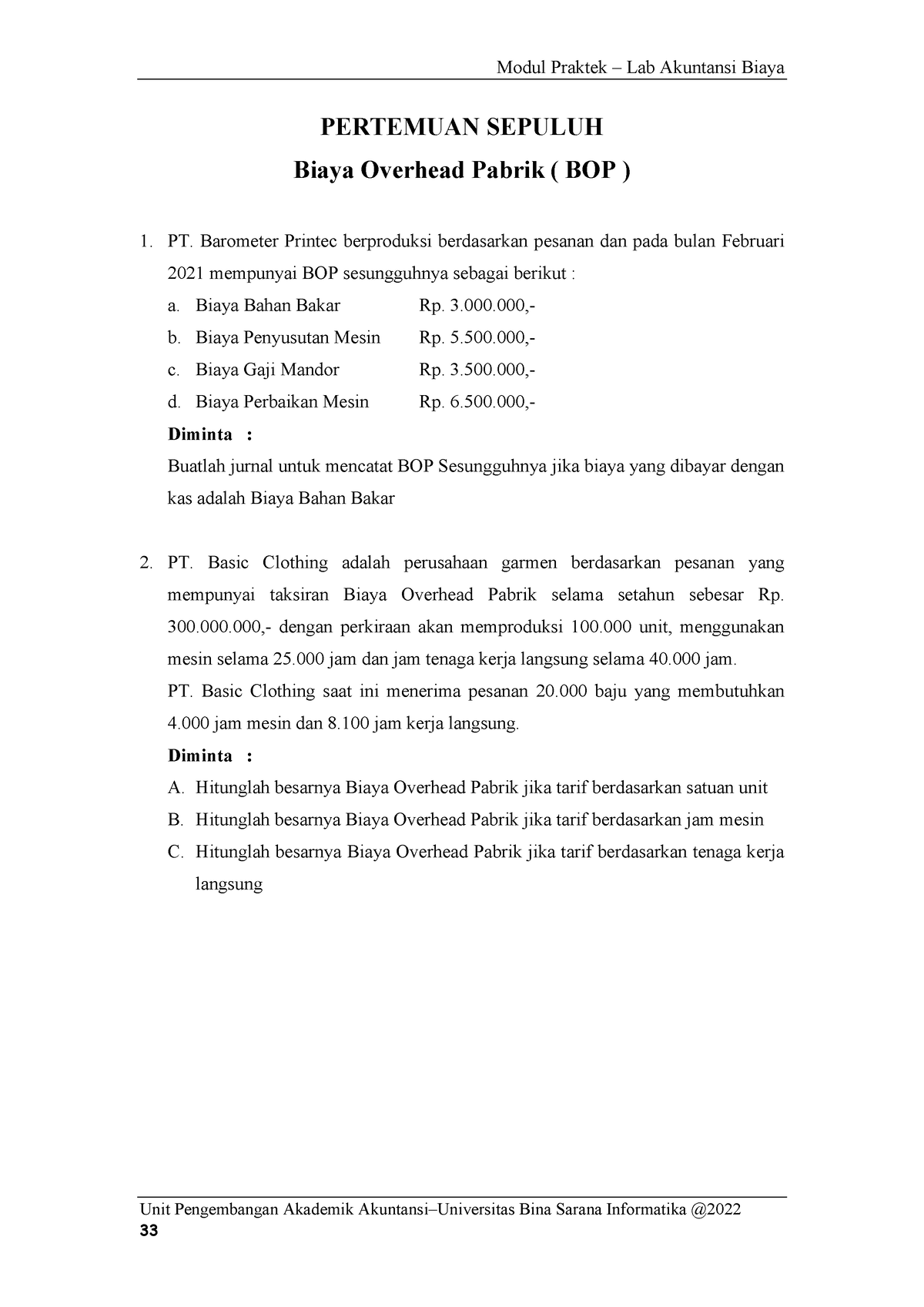 LAB AK BIAYA SOAL 10 - Modul Praktek – Lab Akuntansi Biaya Unit ...