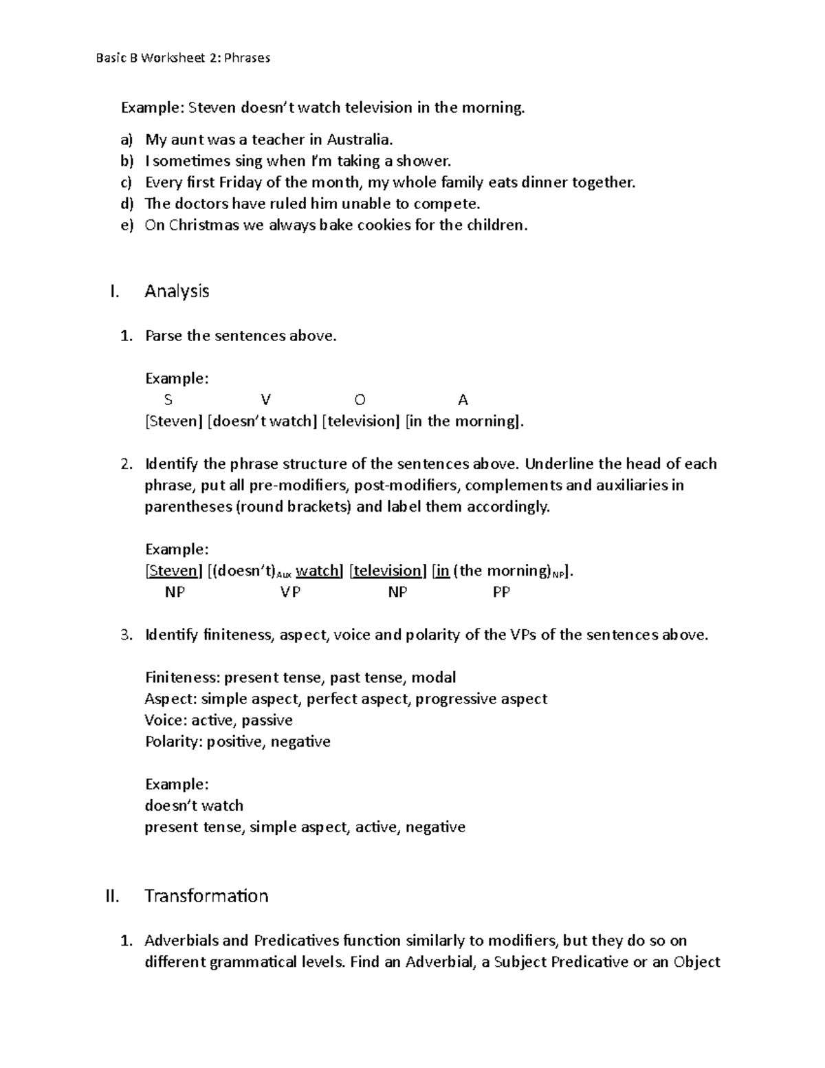 Worksheet 2 Phrases - Basic B Worksheet 2: Phrases Example: Steven ...