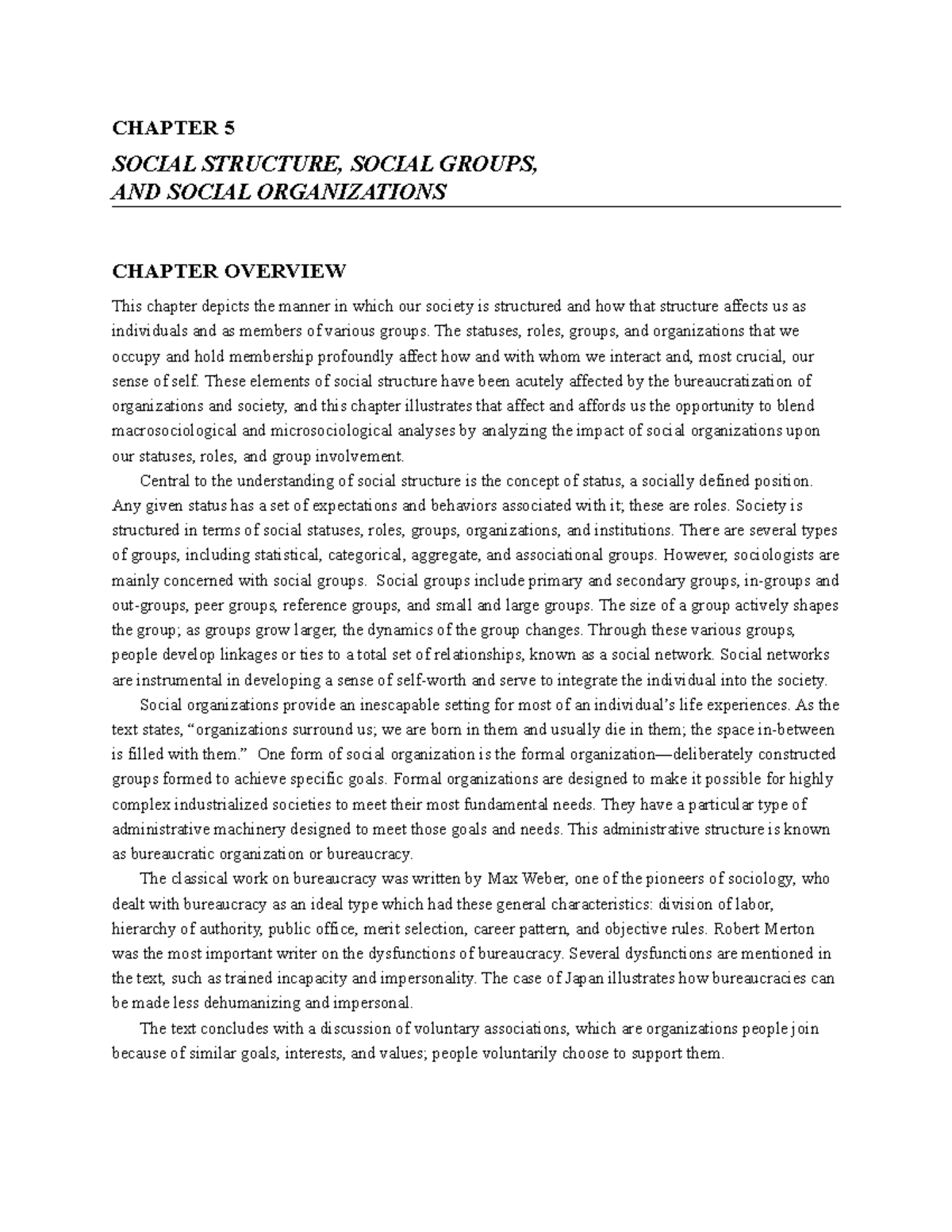 SOC 101 SP 2021 Chapter 5 - Social Structure, Groups and Organization ...