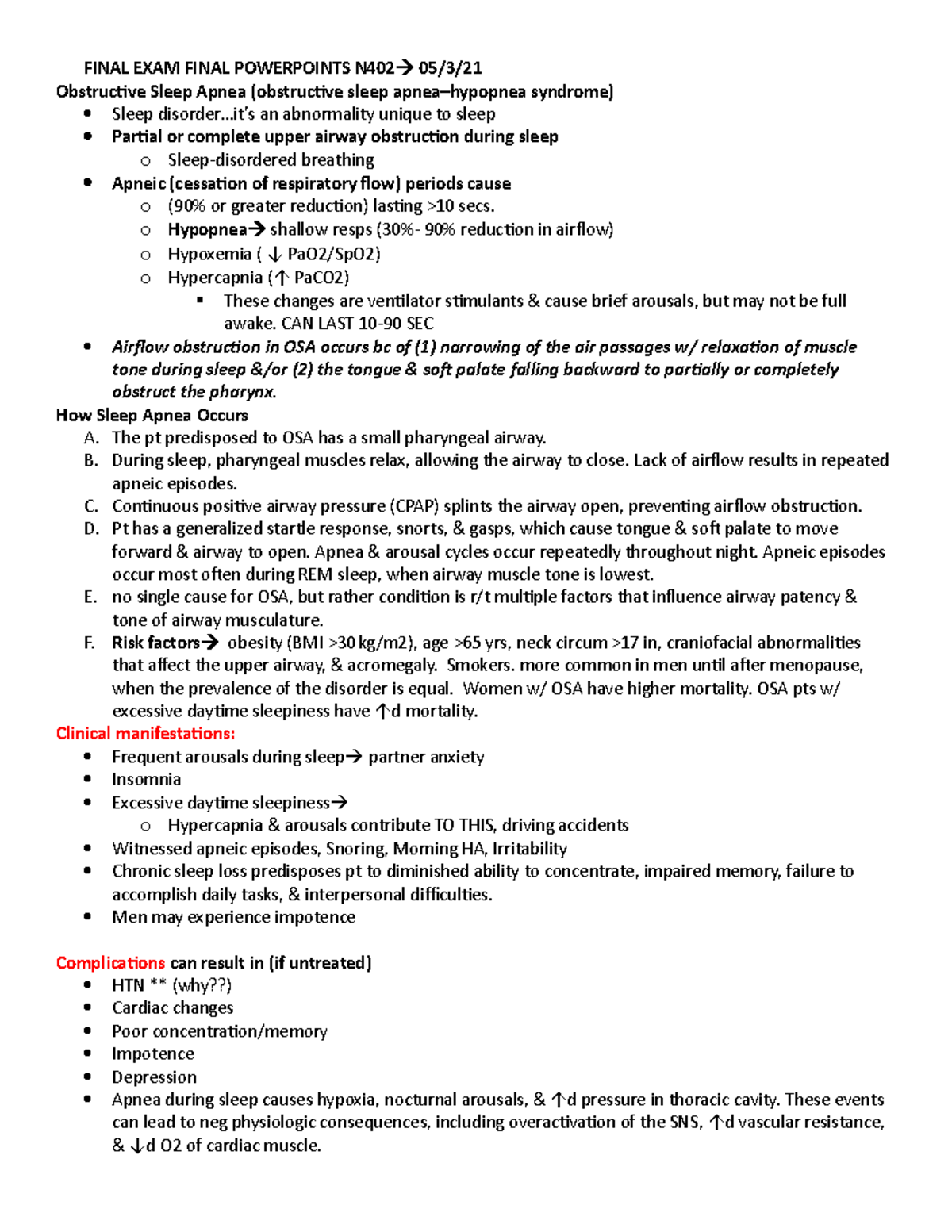 Final- sleep apnea, alt immune N402 - FINAL EXAM FINAL POWERPOINTS N402 ...