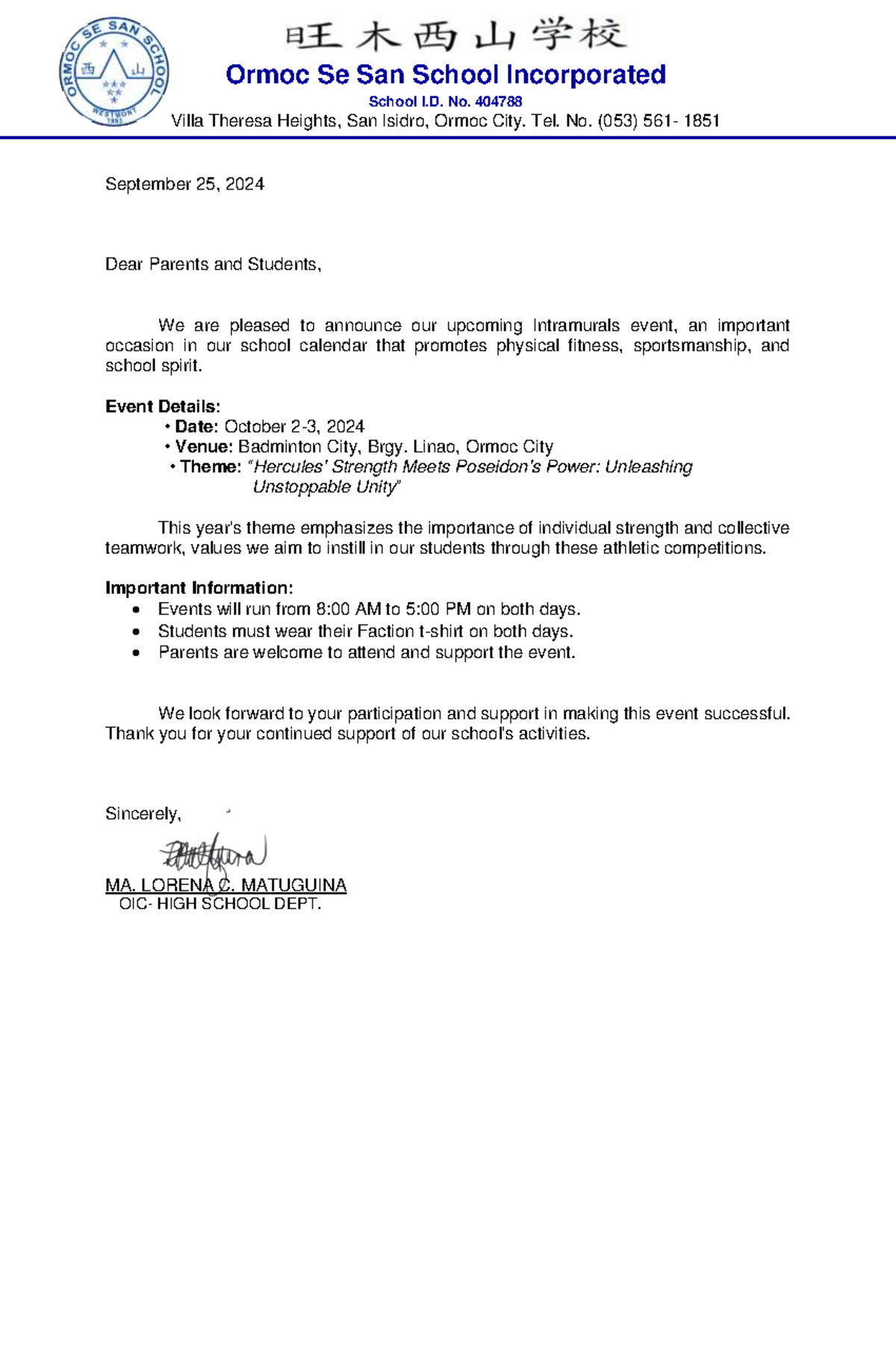 Intramurals 2024 Letter to Parents and Waiver - Ormoc Se San School ...