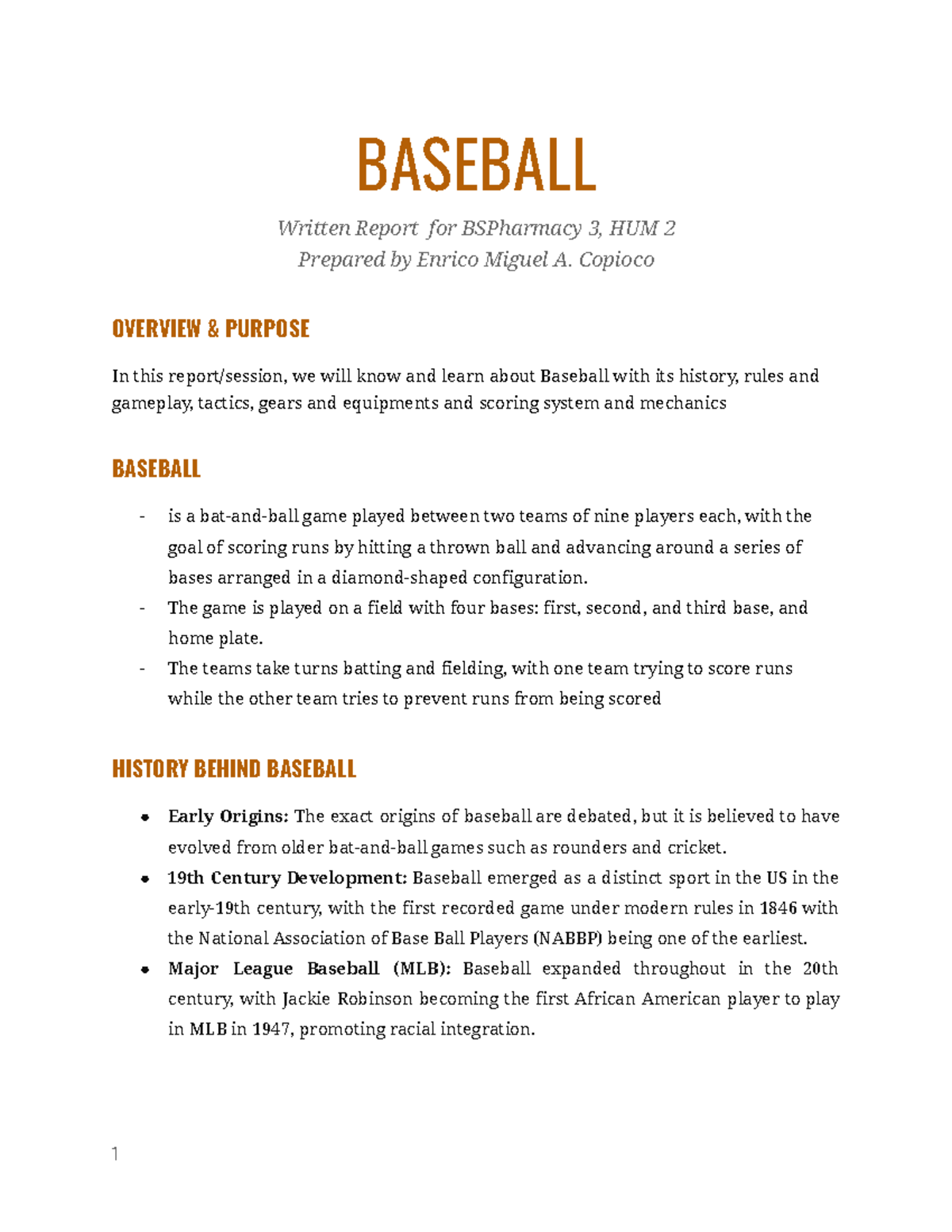 Baseball-Report-Content - BASEBALL Written Report for BSPharmacy 3, HUM ...