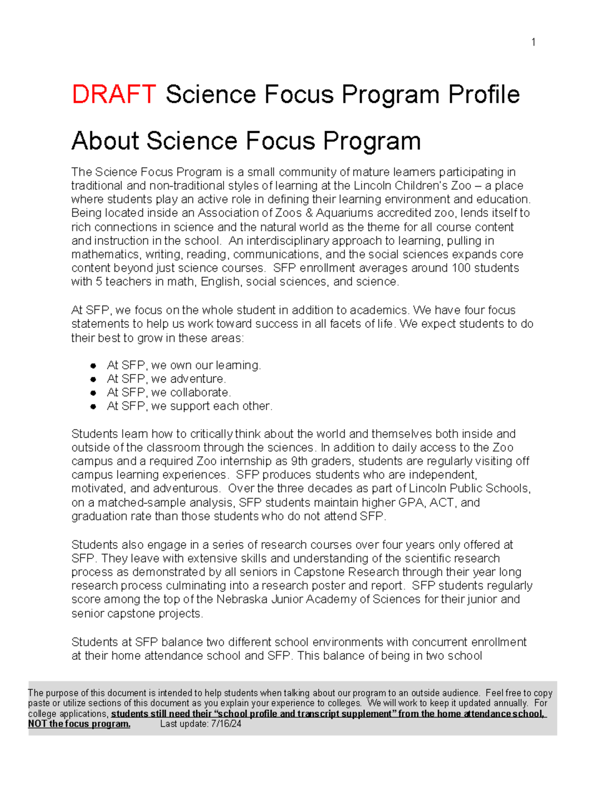 SFP Program Profile 2024-2025 - DRAFT Science Focus Program Profile ...