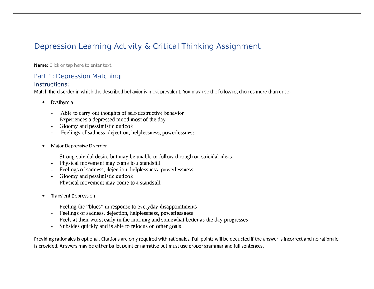 critical thinking questions about depression