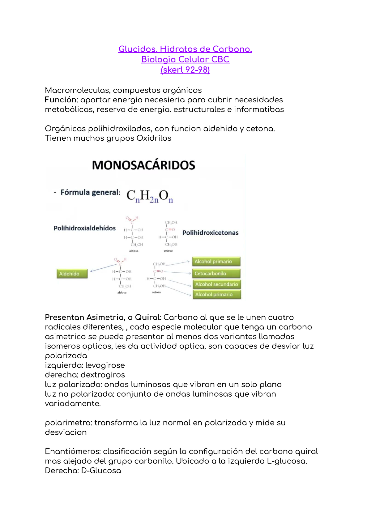 Glucidos - Resumen Biologia CBC Catedra Skerl - Glucidos. Hidratos De ...