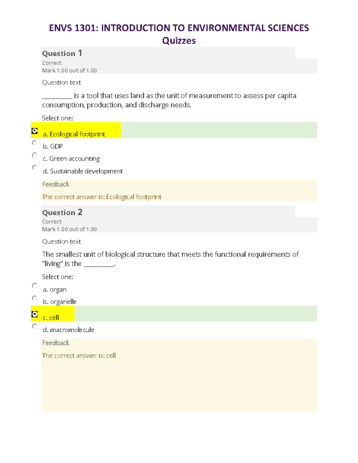 ENVS 1301 Unit 1 To 8 Quiz - Quizzes Question 1 Correct Mark 1 Out Of 1 ...