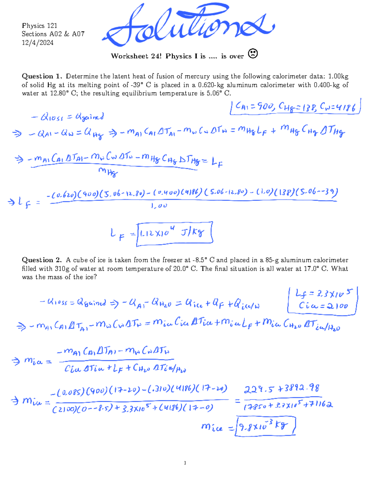 Discussion Final Review Solutions - Physics 121 Sections A02 & A 12/4 ...