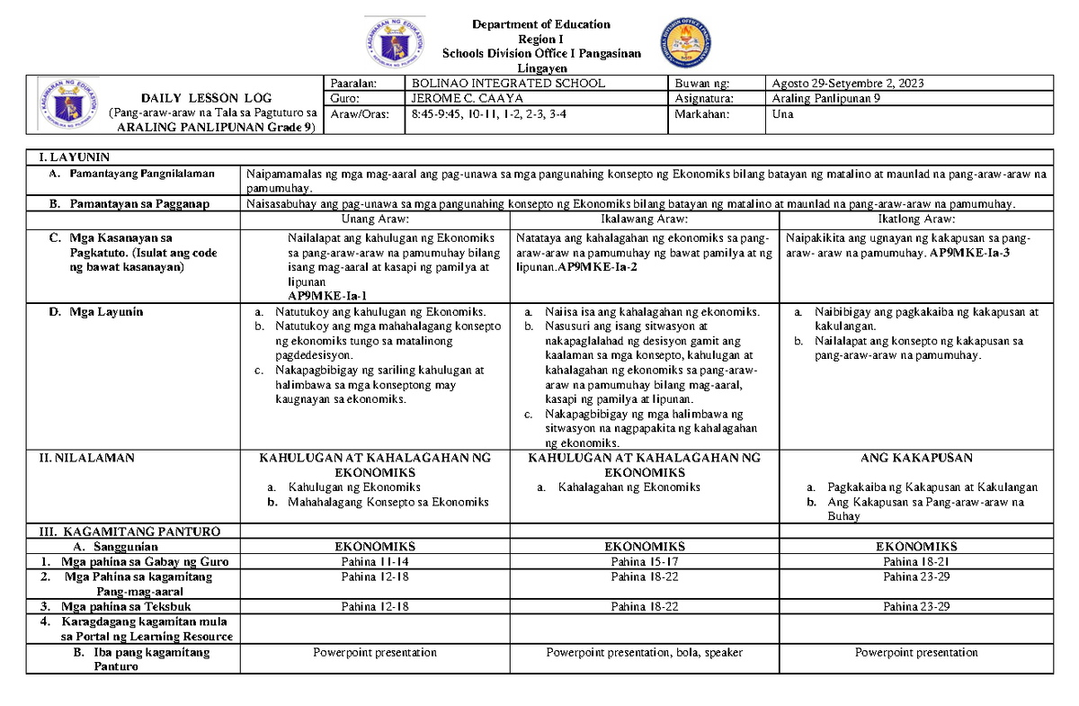 AP 9 1st Grading Week 1 - Lesson plan - Department of Education Region ...