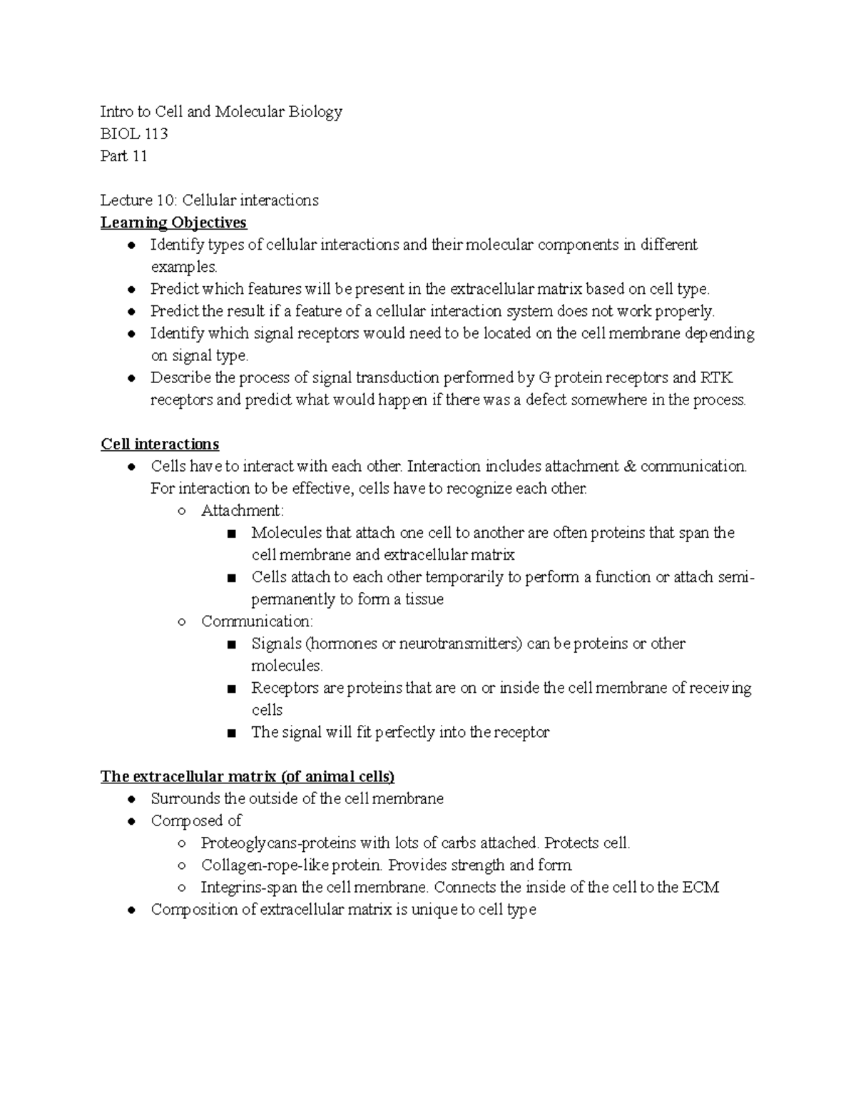 Intro to Cell and Molecular Bio 113 Lecture Notes Part 11 - Dr. Sarah ...