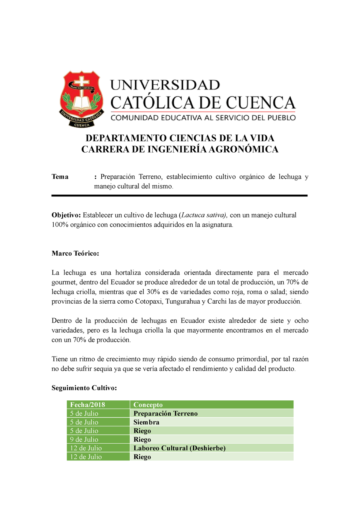 Informe Lechuga Preparación Terreno, establecimiento cultivo orgánico ...