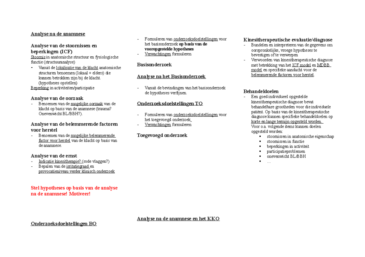 Document klinisch redeneren basiskinesitherapie 1 analyse - Analyse na