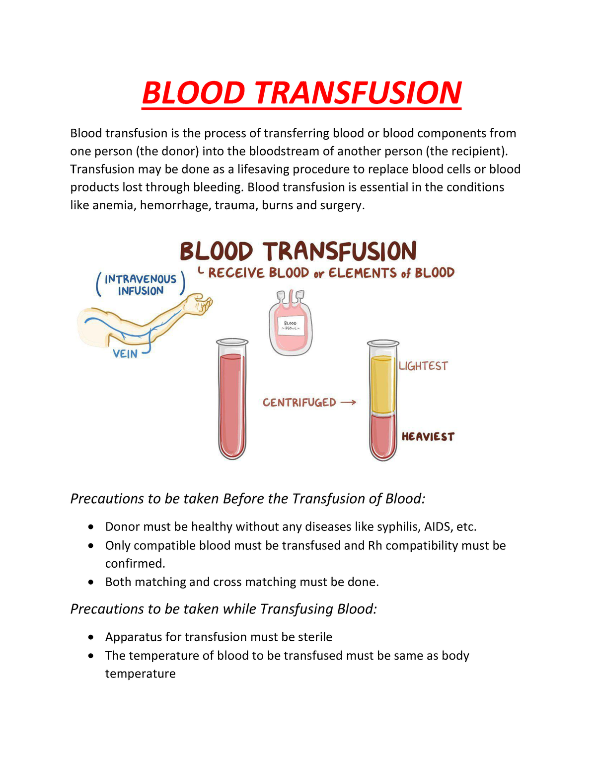 Blood Transfusion - BLOOD TRANSFUSION Blood transfusion is the process ...