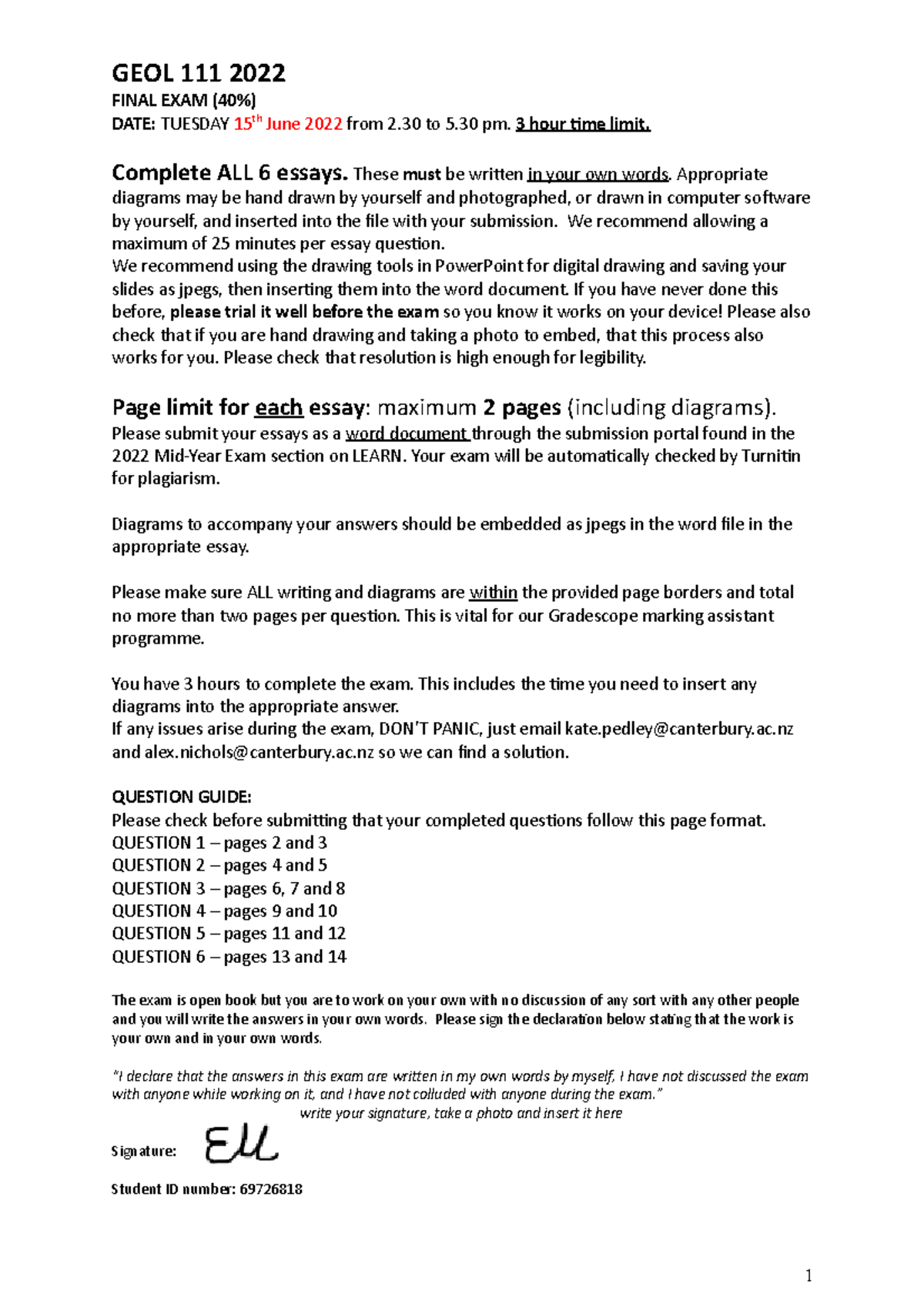 GEOL111 Final Exam 2022 final - GEOL 111 2022 FINAL EXAM (40%) DATE ...
