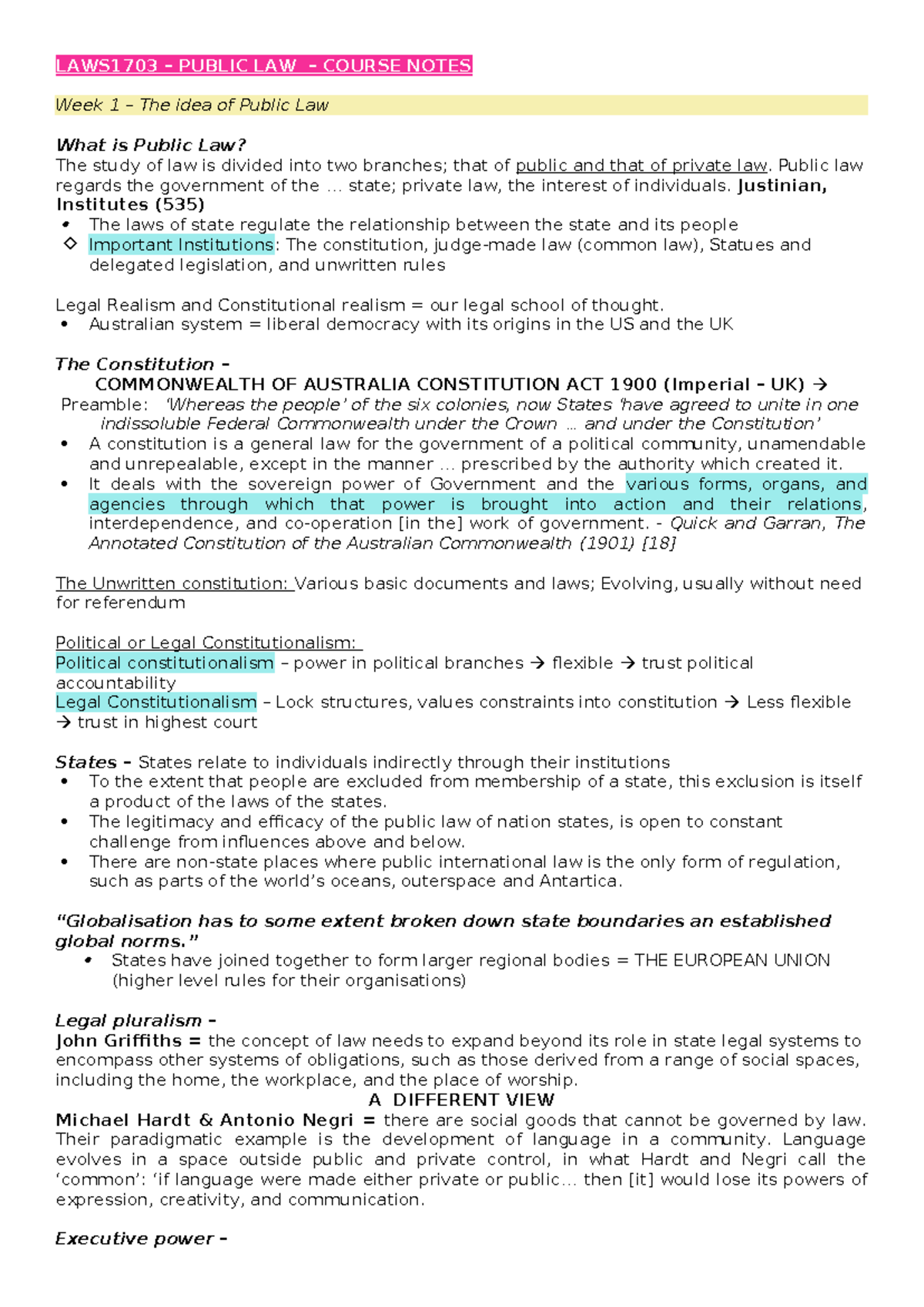 PIL course notes - LAWS1703 – PUBLIC LAW – COURSE NOTES Week 1 – The ...