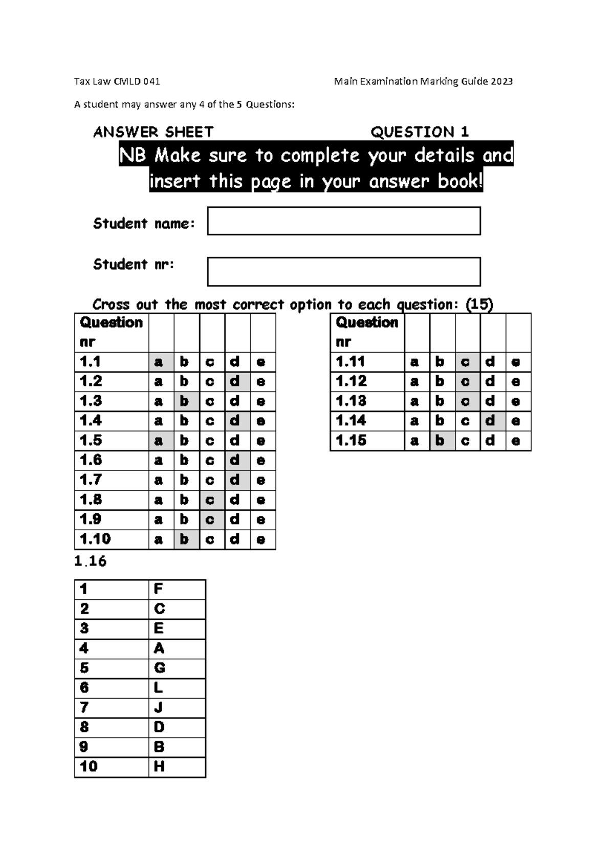 Tax Law CMLD 041Main Exam Marking Guide 2023 Tax Law CMLD 041 Main