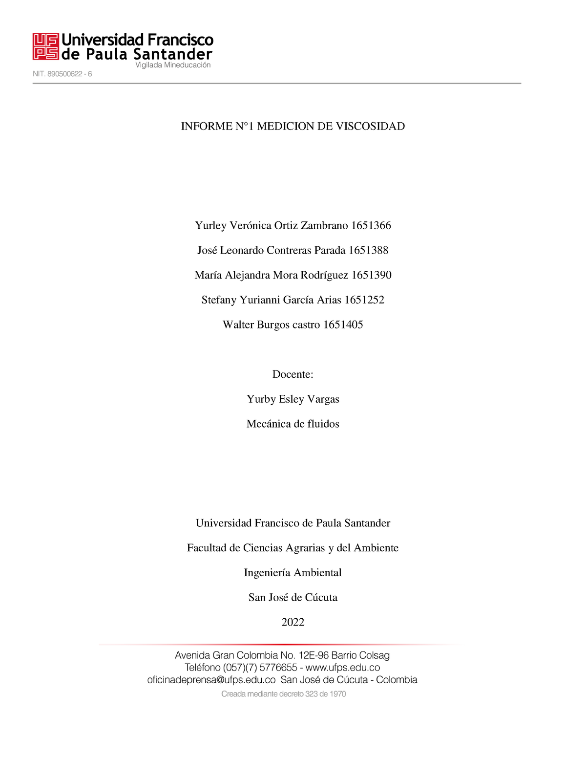 Informe Mecanica 2 - Viscosidad - INFORME N°1 MEDICION DE VISCOSIDAD ...