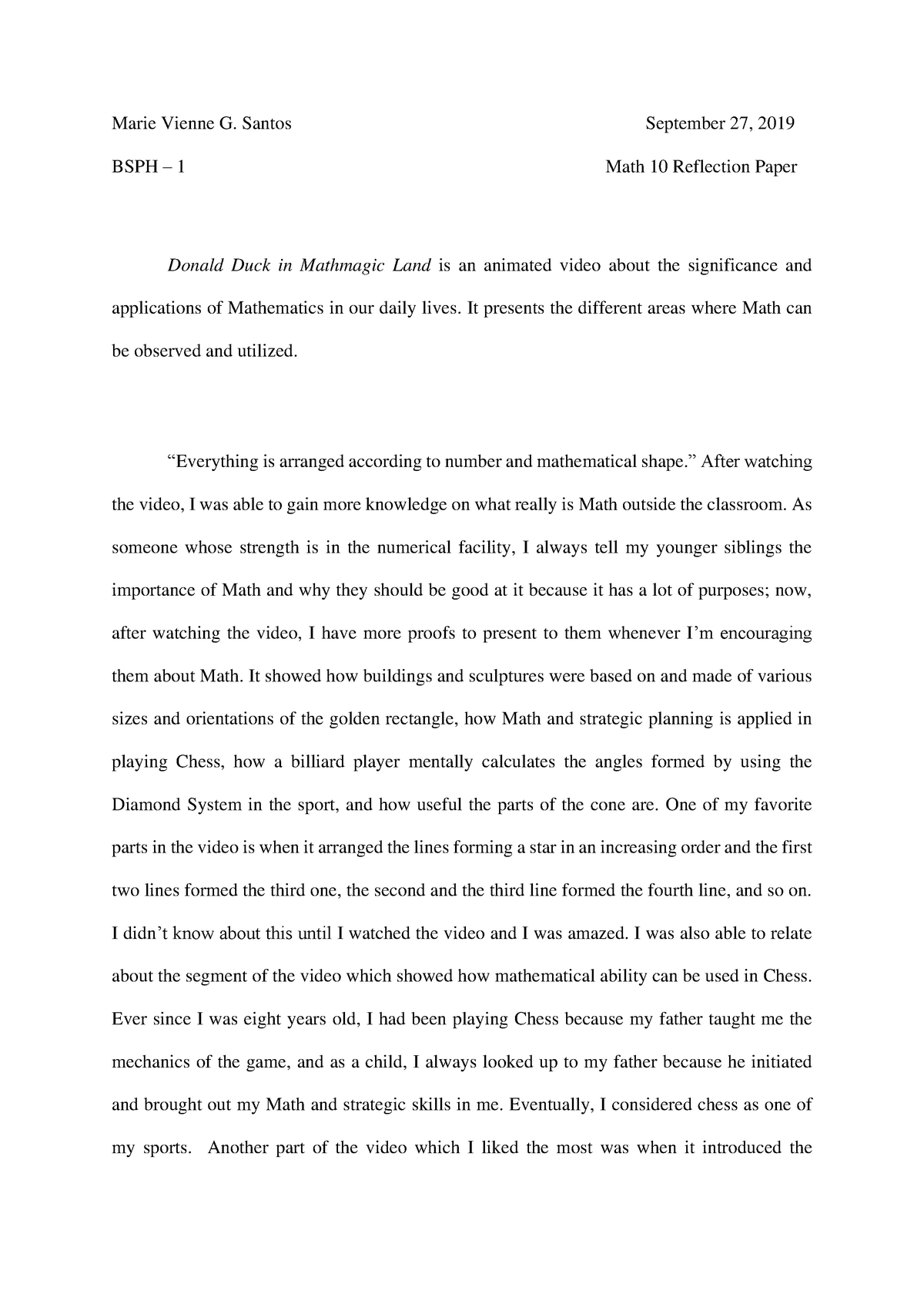 math reflection essay grade 10