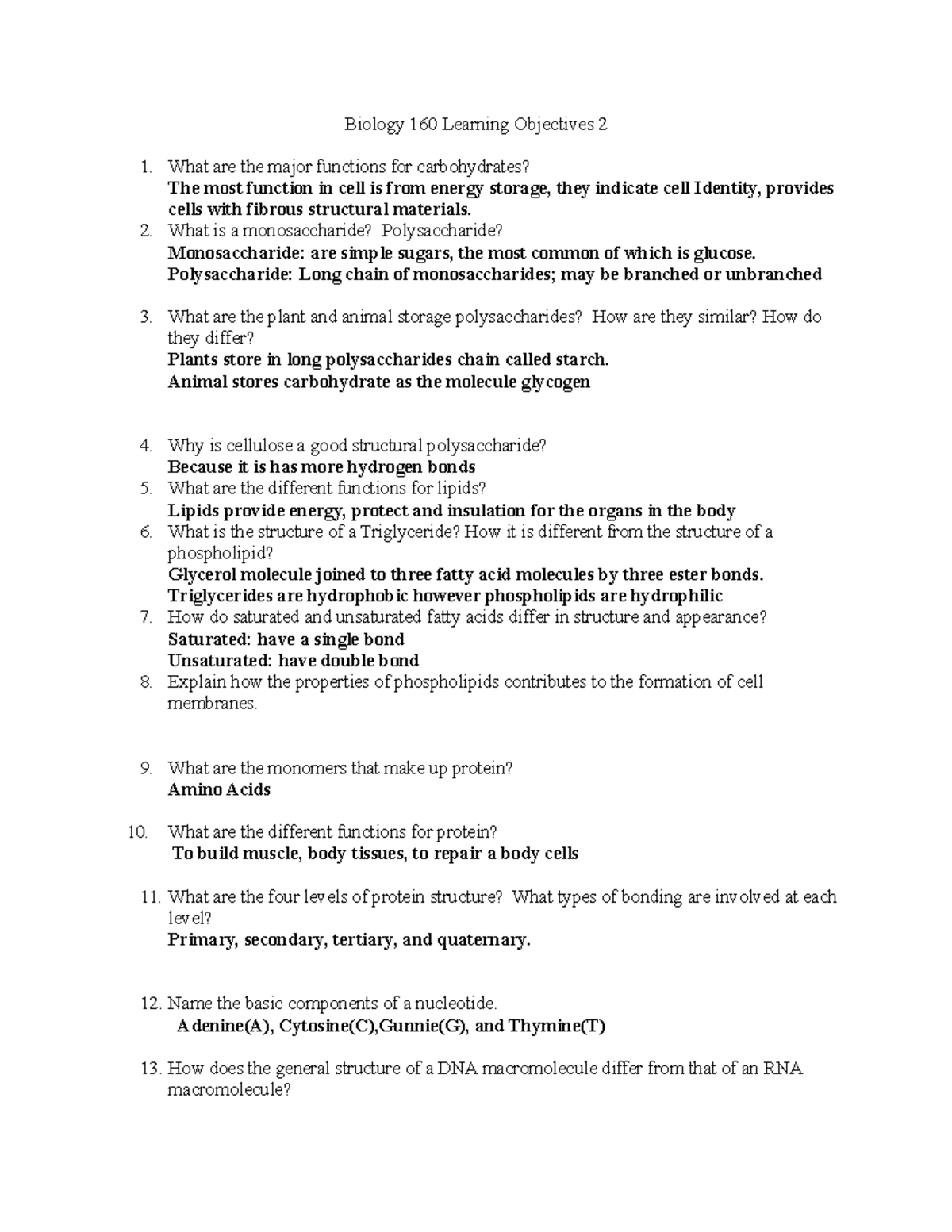 Biology 160 Learning Objectives 2 Biology 160 Learning Objectives 2