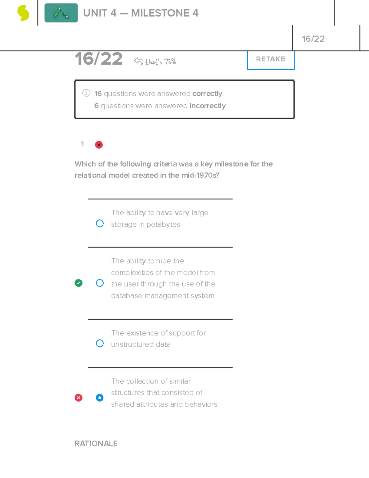 Relationaldatabasef-milestone 4 - 1 16 / 22 that's 73% RETAKE 16 ...