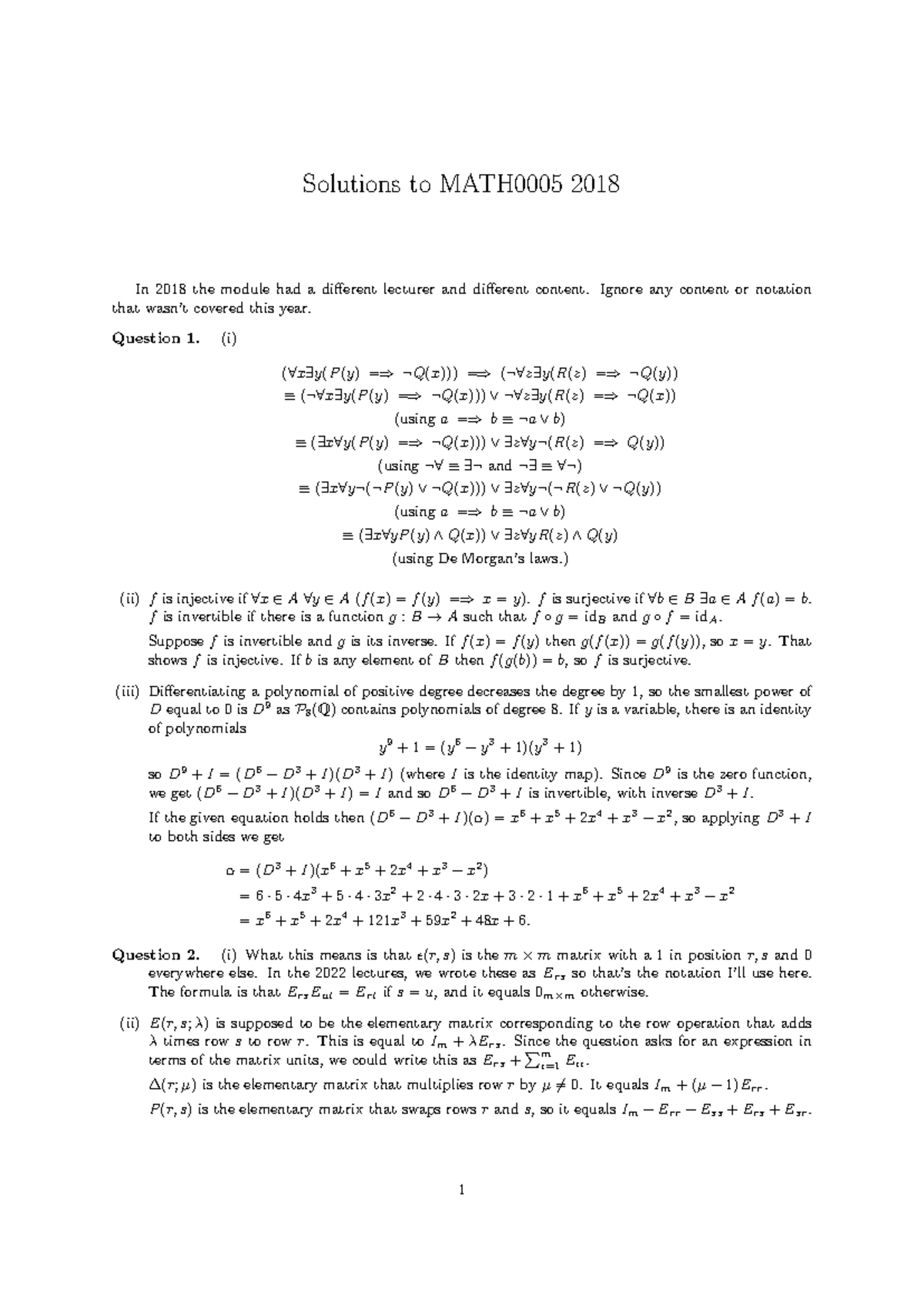 2018 solutions - Solutions to MATH0005 2018 In 2018 the module had a ...