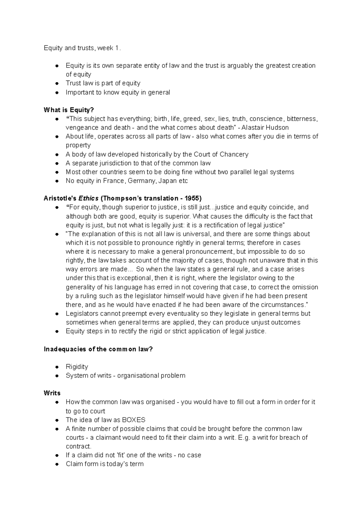Equity and trusts, week 1 - Equity is its own separate entity of law ...