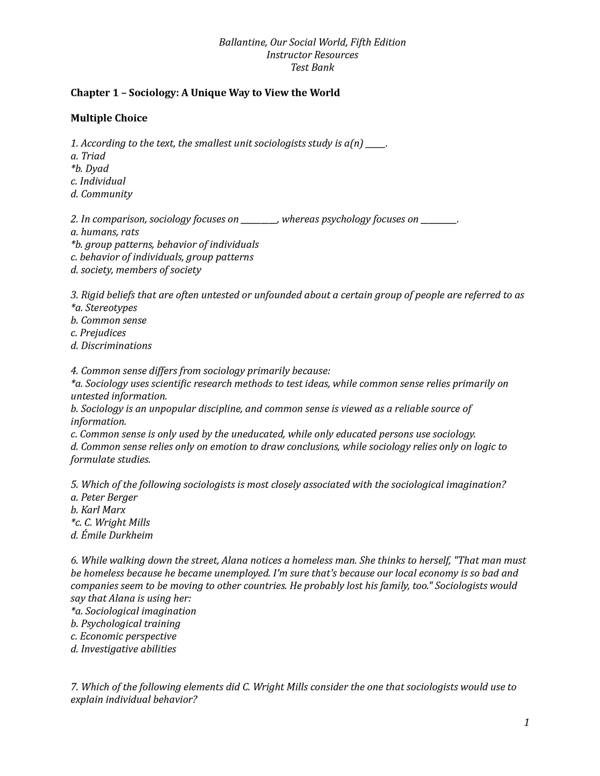 Test 1 March 2014, Questions - Instructor Resources Test Bank Chapter 1 ...