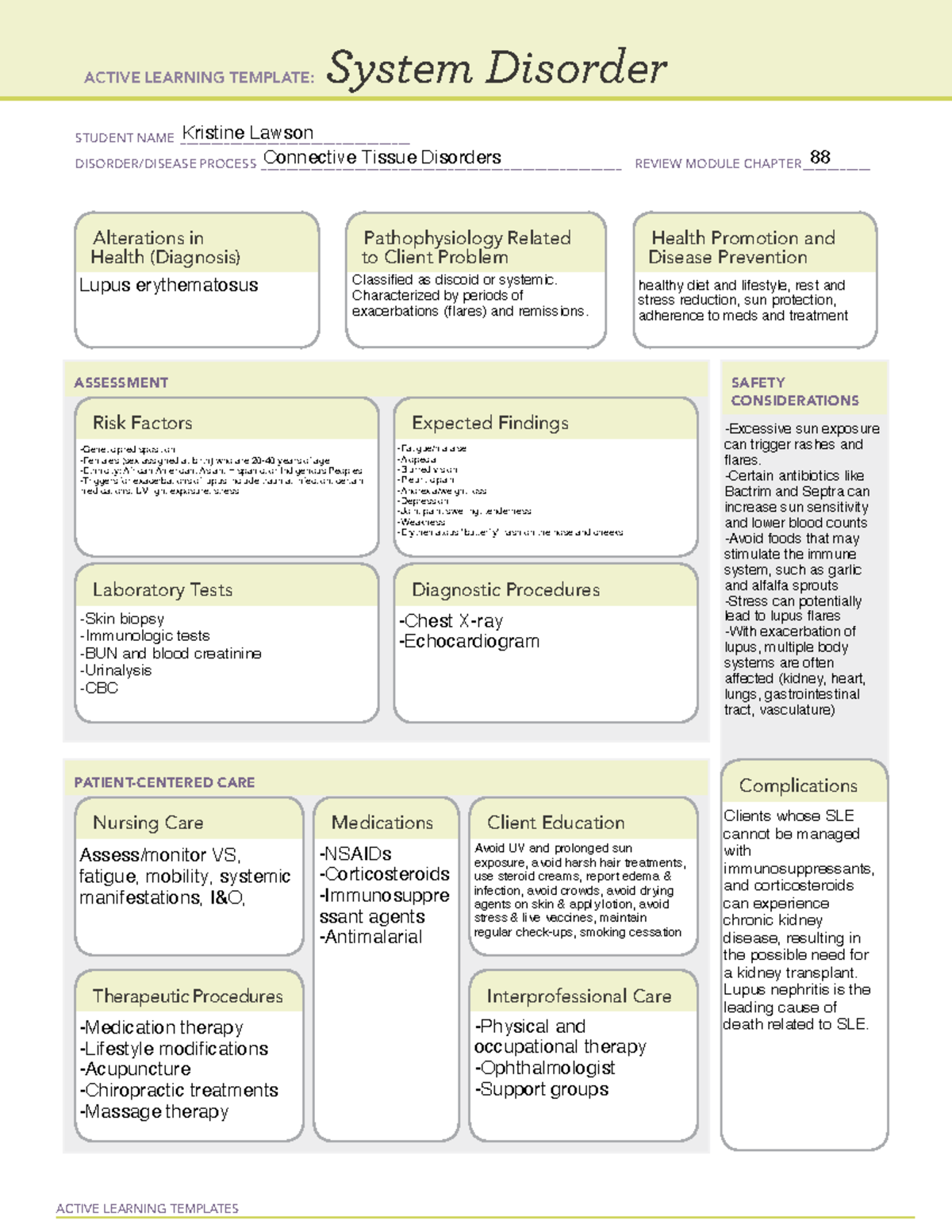 Lupus - ACTIVE LEARNING TEMPLATES System Disorder STUDENT NAME