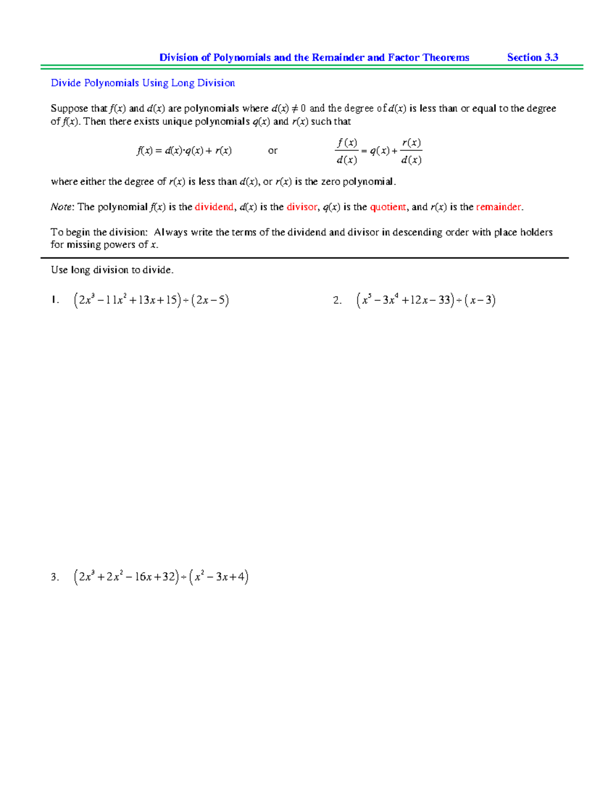 3.3 Notes - Division of Polynomials and the Remainder and Factor ...