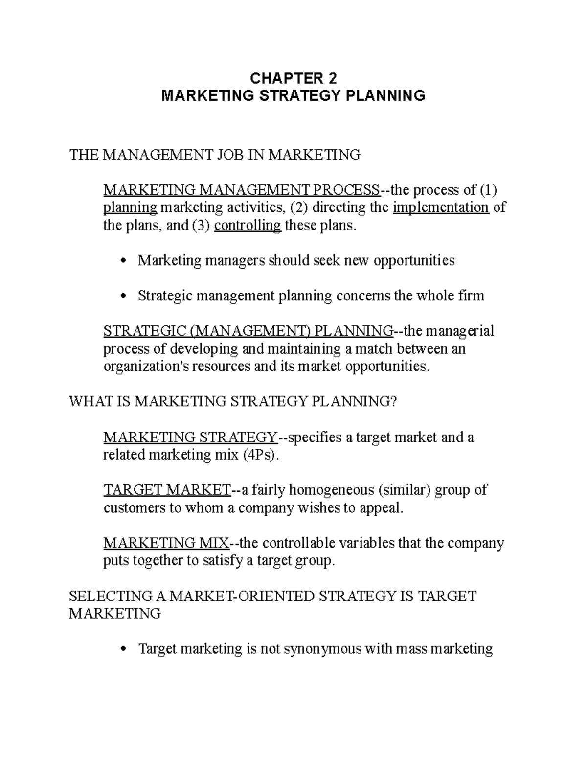 Chapter 2 notes - elefqjlif - MARKETING STRATEGY PLANNINGCHAPTER 2 THE ...