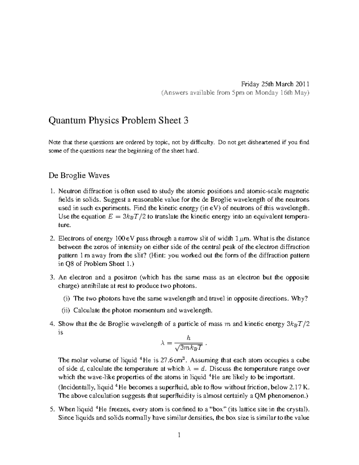 Quantum Physics 2010-2011 Problem Sheet 3 - Friday 25th March 2011 ...