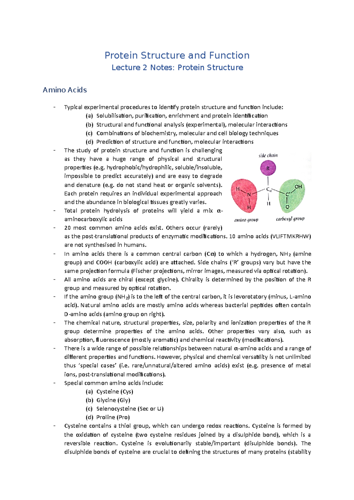 Lecture 2 Notes (Protein Structure) Protein Structure and Function
