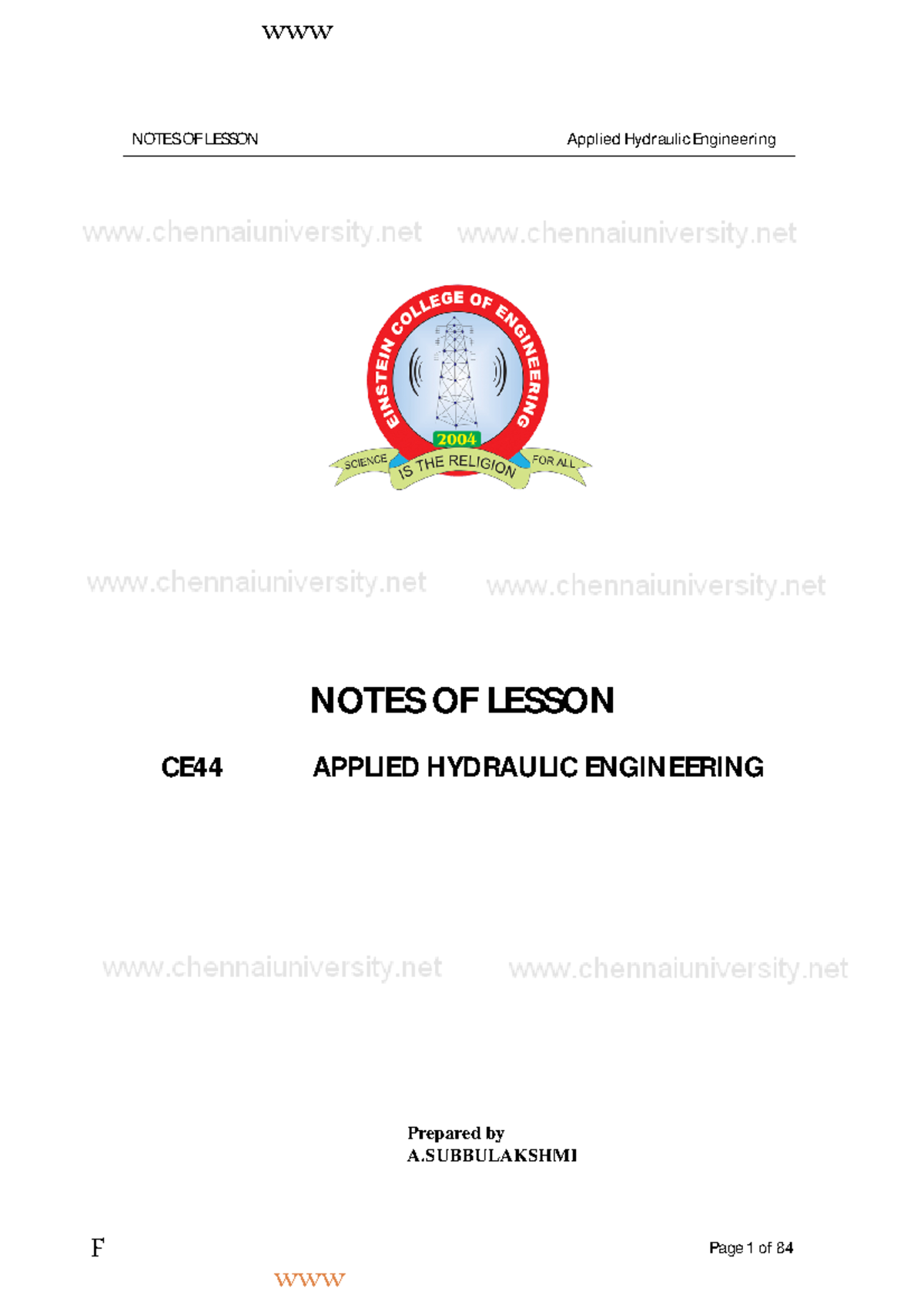 CE44 Applied Hydraulics.pdf.notes.www NOTES OF LESSON Applied