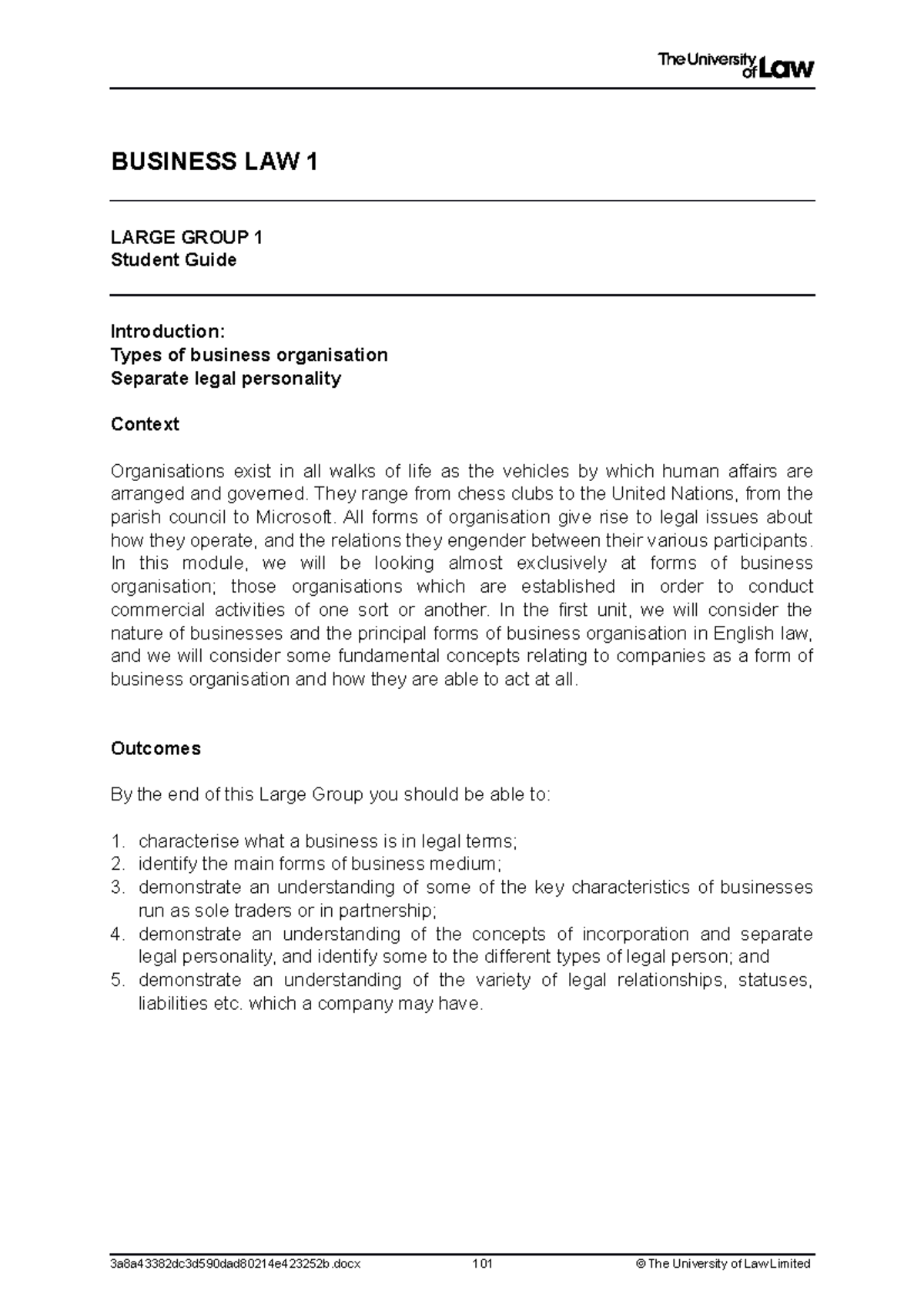 Unit 1 Student Guide - Notes From Lecture - BUSINESS LAW 1 LARGE GROUP ...