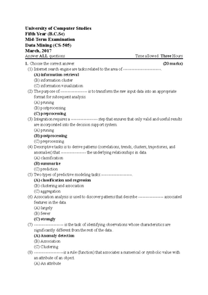 Exam 2019 - MCQ for Data Mining 1 the correct answer. (20 marks) (1 ...