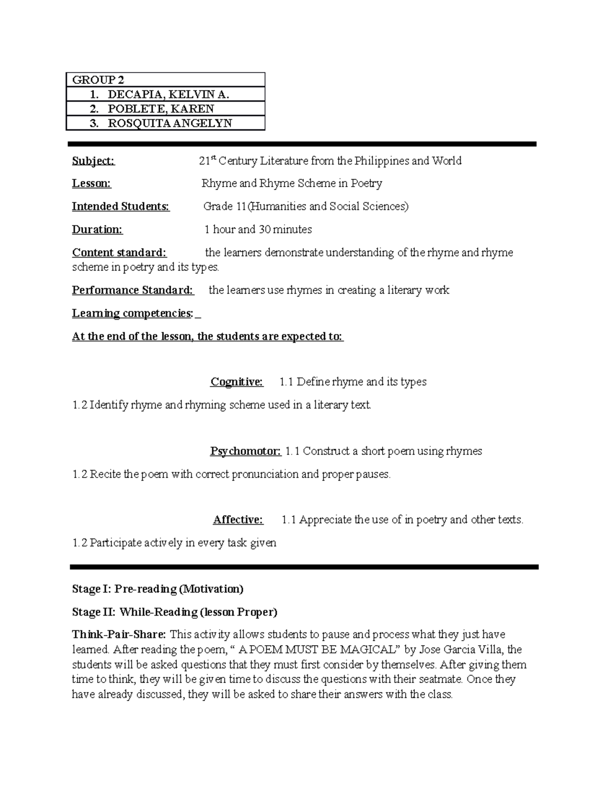 Lesson plan symbolism 1 1 - GROUP 2 1. DECAPIA, KELVIN A. 2. POBLETE ...