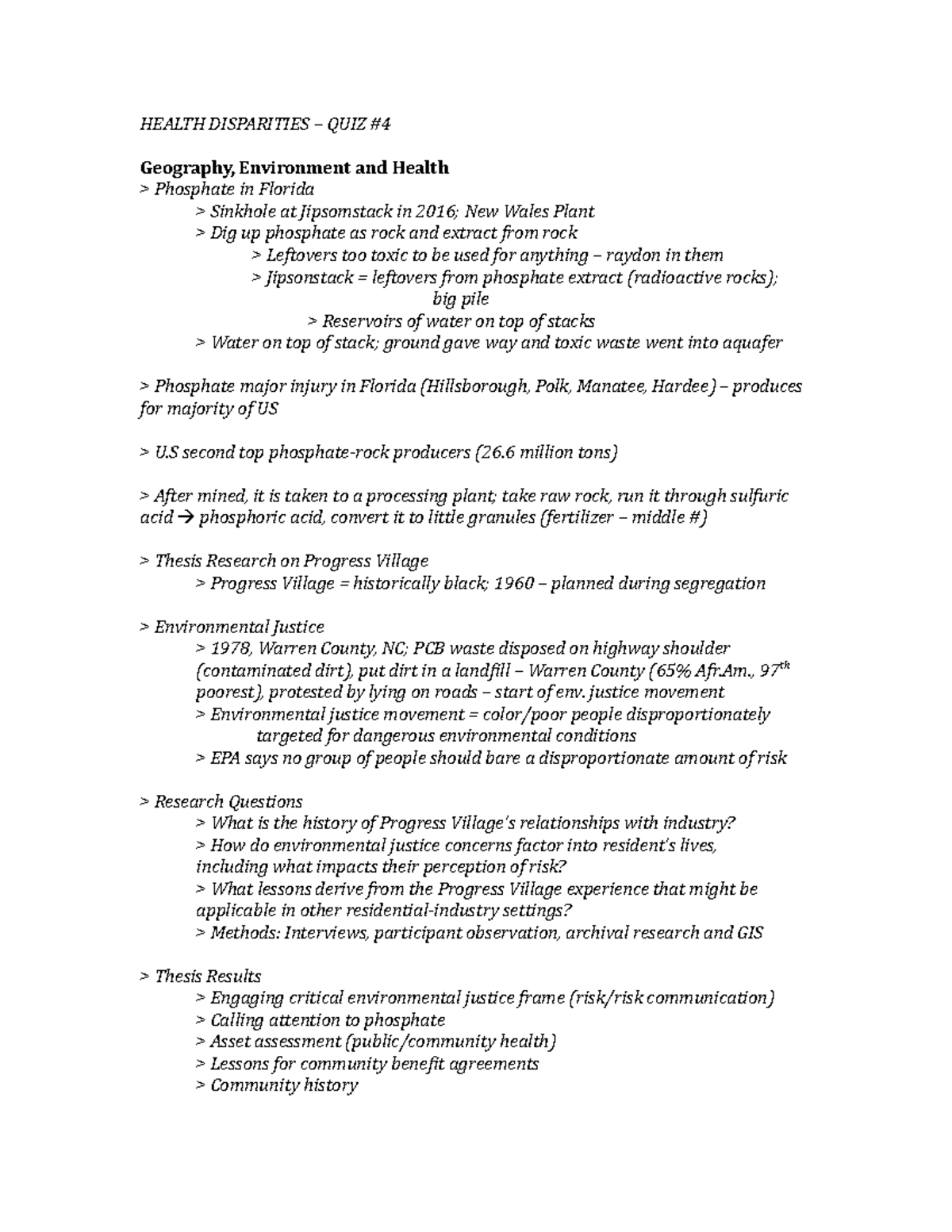 Health Disparities QUIZ 4 Notes HEALTH DISPARITIES QUIZ 4