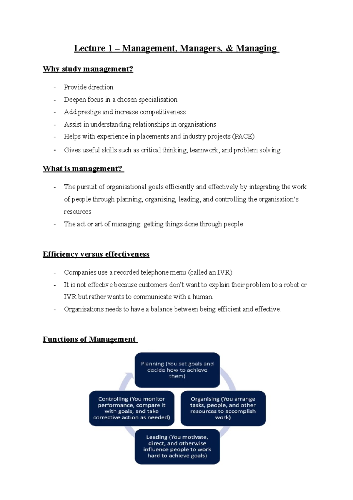 Lecture 1 - Lecture 1 – Management, Managers, & Managing Why study ...