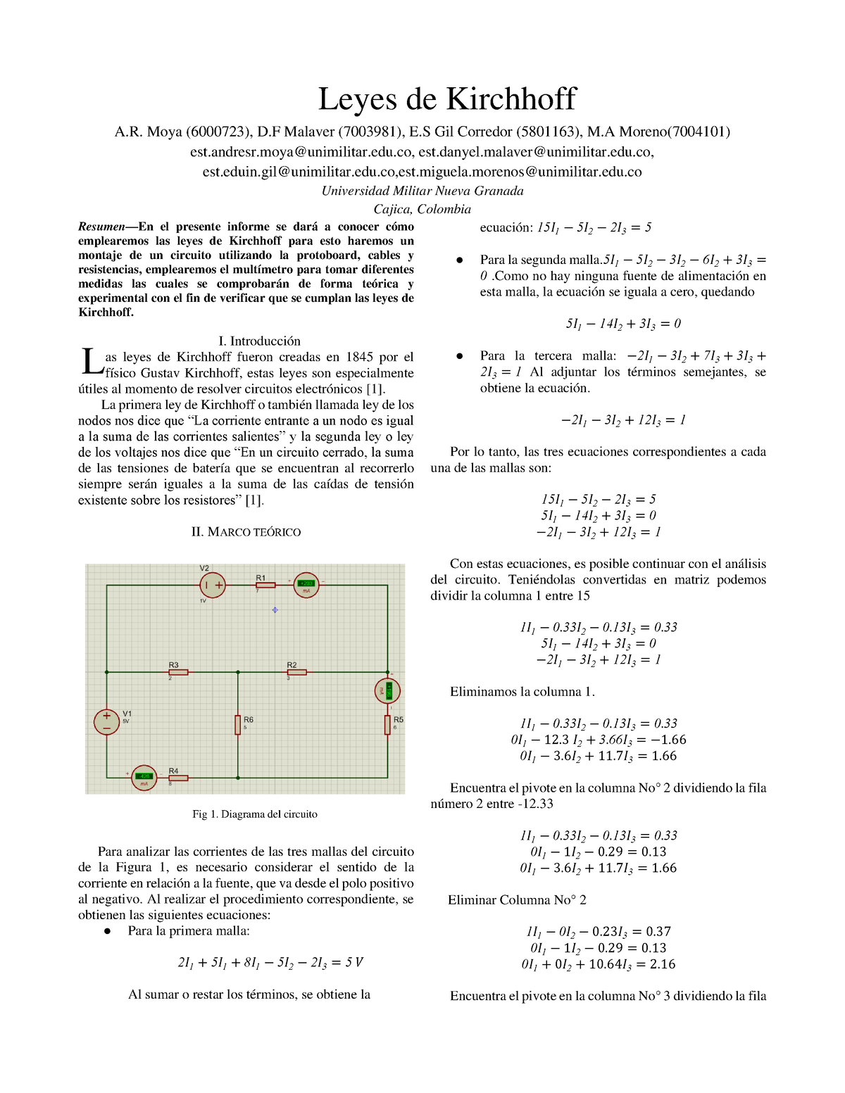 Informe 7 Ley De Kirchhoff Leyes De Kirchhoff A Moya 6000723 D Malaver 7003981 E Gil 5202