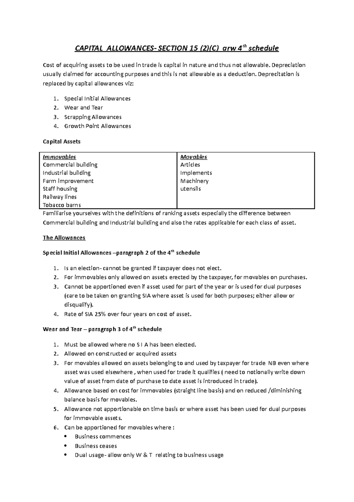 Capital Allowances CAPITAL ALLOWANCES SECTION 15 (2)(C) arw 4th schedule Cost of acquiring