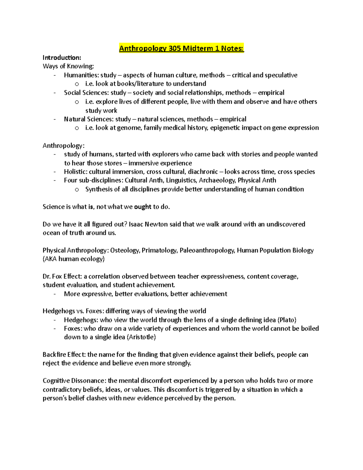 Anth 305 Midterm 1 Notes - Anthropology 305 Midterm 1 Notes ...